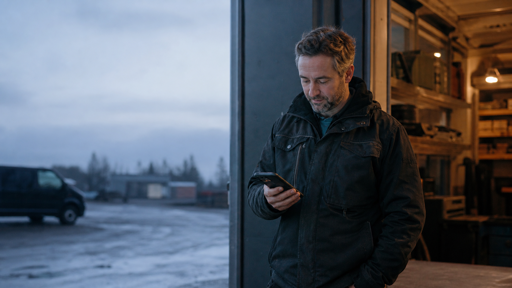 En företagare tittar på mobilen i verkstadsdörren en tidig morgon