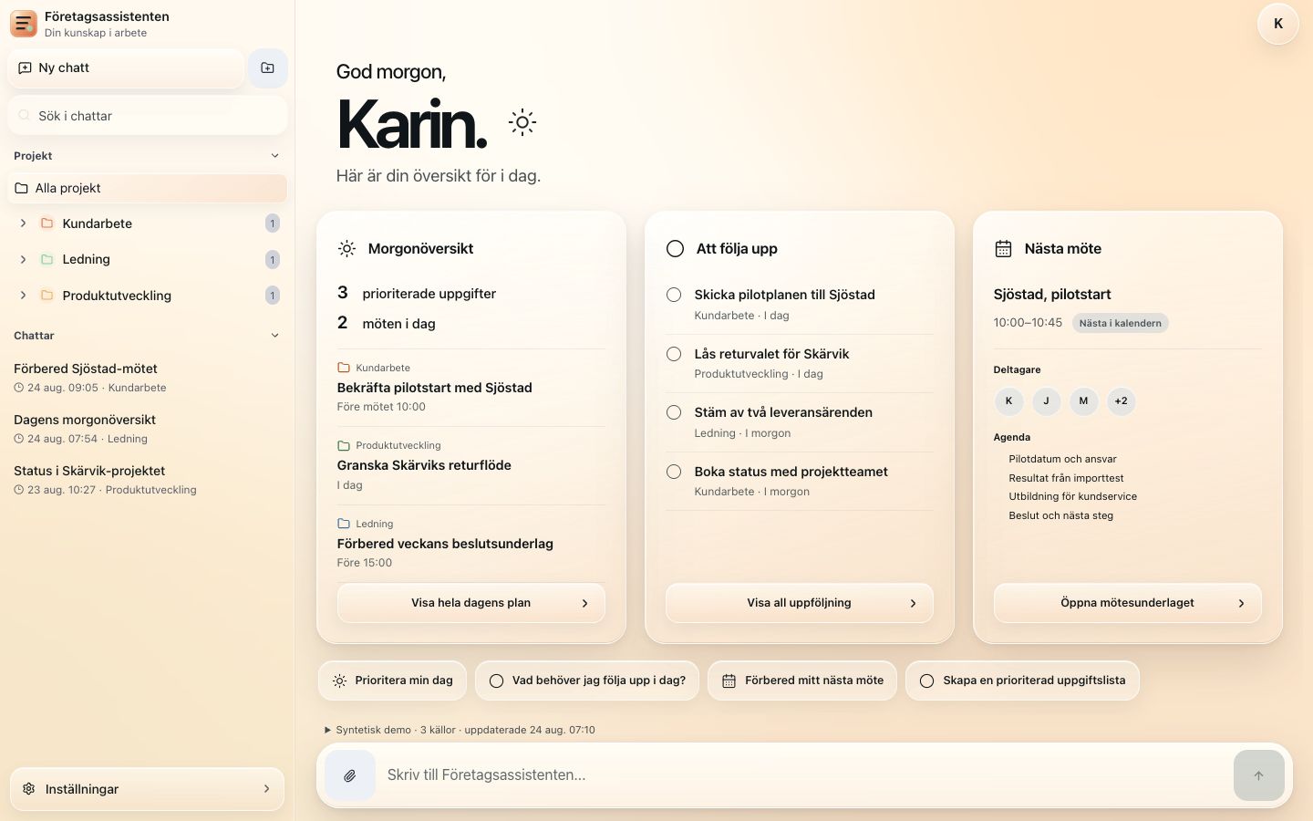 Företagsassistentens produktvy med påhittade exempeluppgifter om dagsöversikt, projekt, uppföljning och chatt.